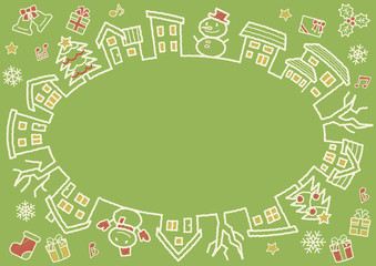 デフォルメした家と木の楕円サークル(手書風線画落書き風着色)4色縛り黄緑背景クリスマスバージョン