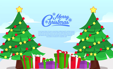 Christmas card banner template with tree decoration and gift box
