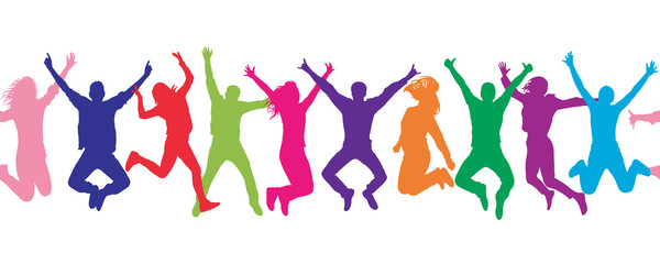 Seamless pattern. Cheerful crowd jumping people. Colorful.