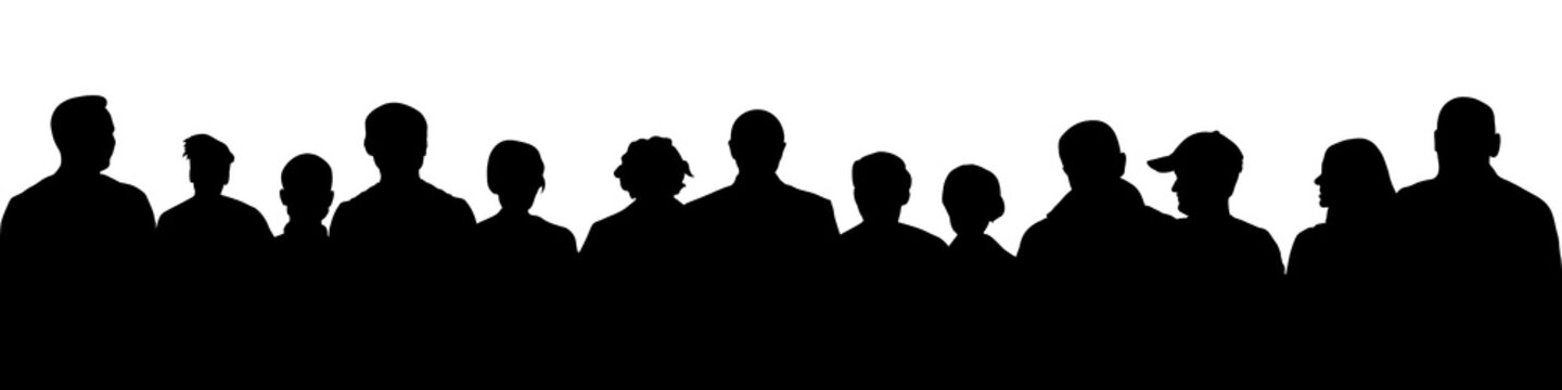 Crowd of people silhouette. Large audience anonymous faces. Meeting demonstrators. Human heads, vector illustration