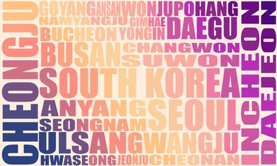 List of cities and towns of South Korea. Word cloud collage. Business and travel concept background.