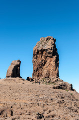 Views of Roque Nublo peak (Clouded rock, Rock in the clouds), in Nublo Rural Park, in the interior of the Gran Canaria Island, Tejeda, Canary Islands, Spain, on February 17, 2017