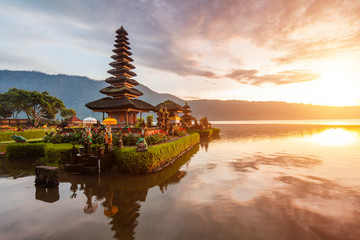 Pura Ulun Danu temple panorama at sunrise on a lake Bratan, Bali, Indonesia.