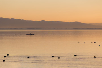 Naklejka premium Beautiful view of a lake at sunset, with orange tones, birds on water and a man on a canoe