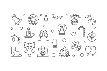 Happy Holidays outline horizontal banner. Vector illustration