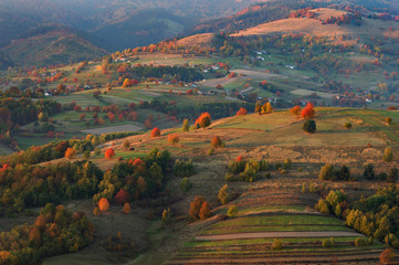 Fall in Slovakia. Meadows and fields landscape near Hrinova. Autumn colored cherry trees at sunset © matkovci