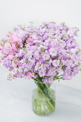 Fototapeta premium Bouquet of Beautiful lilac color gillyflower, levkoy or matthiola. Spring flowers in vase on wooden table. Vertical photo