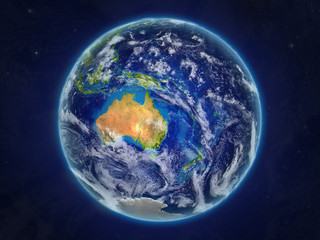 Obraz na płótnie Canvas Australia from space on realistic model of planet Earth with very detailed planet surface and clouds.