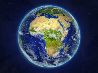 Africa from space on realistic model of planet Earth with very detailed planet surface and clouds.