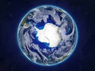Antarctica from space on realistic model of planet Earth with very detailed planet surface and clouds.