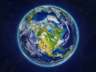 North America from space on realistic model of planet Earth with very detailed planet surface and clouds.