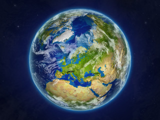 Europe from space on realistic model of planet Earth with very detailed planet surface and clouds.