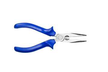 Fototapeta premium Long nose pliers with blue isolated handles on white background. Tool isolated on white, top view with clipping path.