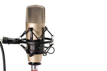 Professional studio condenser microphone installed in shock mount or spider, isolated on white background with copy space.