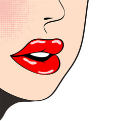 Close up woman's talking, red sexy lips on white. Pop art retro comic style vector illustration