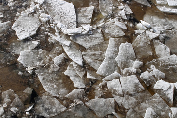 Texture of ice pieces on surface of the water