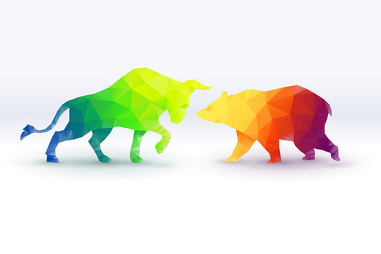 Colorful of low poly Bullish versus Bearish, stock market concept