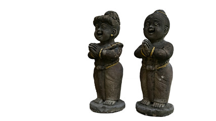 Obraz premium Two statues standing on white background.
