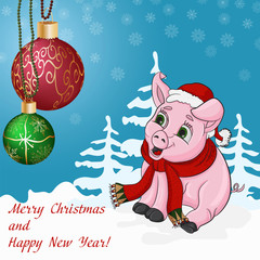 little_1_pink pig in Santas hat and scarf around the neck symbol of the new 2019 Chinese calendar