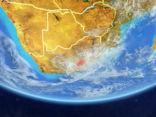 Lesotho on realistic model of planet Earth with country borders and very detailed planet surface and clouds.