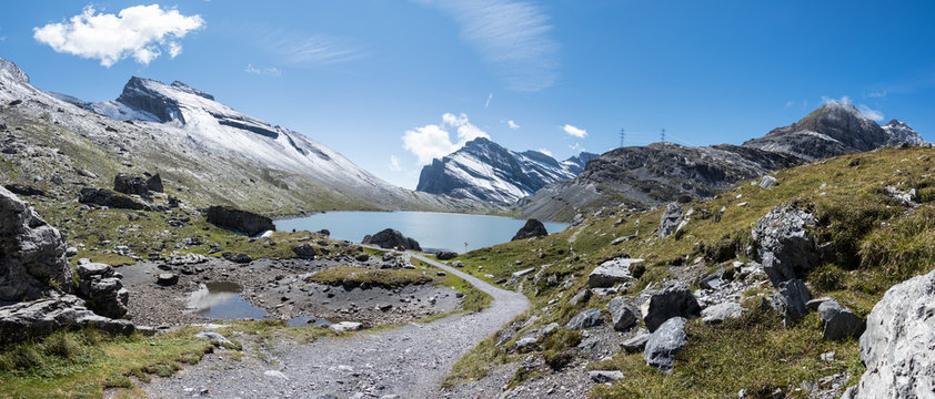 Panoramic view of lake in the mountains