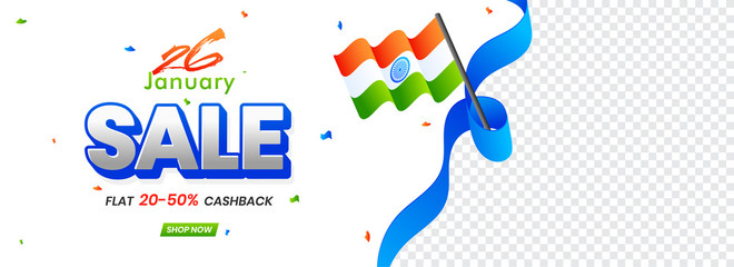 26 January Sale header or banner design with 20-50% discount offer and space for your Product image.