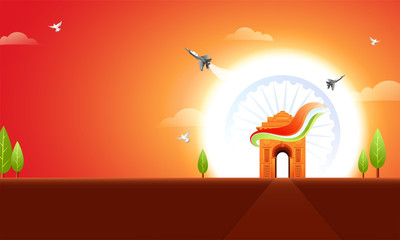Historical Monument India Gate on cloudy nature background for National festival celebration.