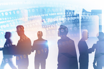 Business team in city, binary numbers