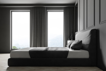 Gray wall bedroom interior, side view