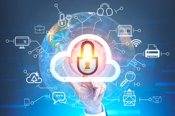 Naklejka premium Woman hand using cloud computer, earth