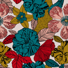 Print flowers and fruits. Tropical pattern.