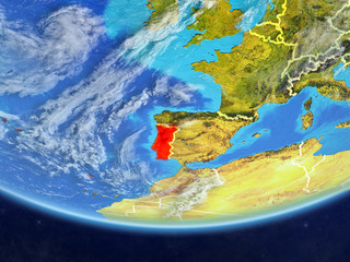 Portugal on realistic model of planet Earth with country borders and very detailed planet surface and clouds.