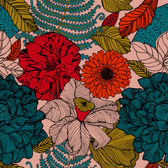 Print flowers and fruits. Tropical pattern.