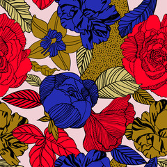 Print flowers and fruits. Tropical pattern.