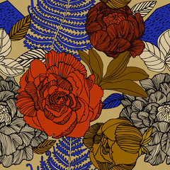 Print flowers and fruits. Tropical pattern.