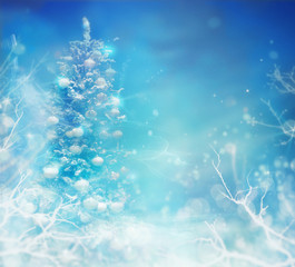 Christmas Tree in Snow. Winter frozen background