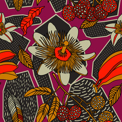 Print flowers and fruits. Tropical pattern.