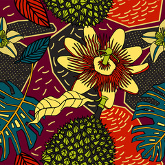 Print flowers and fruits. Tropical pattern.