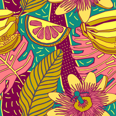 Tropical fruits and plants, seamless pattern.