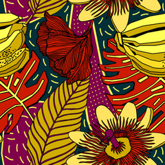 Print flowers and fruits. Tropical pattern.