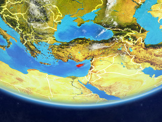 Cyprus on realistic model of planet Earth with country borders and very detailed planet surface and clouds.
