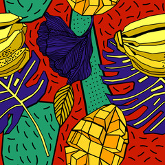 Print flowers and fruits. Tropical pattern.