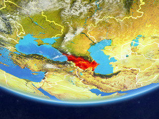 Caucasus region on realistic model of planet Earth with country borders and very detailed planet surface and clouds.