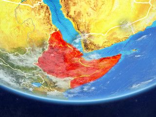 Horn of Africa on realistic model of planet Earth with country borders and very detailed planet surface and clouds.