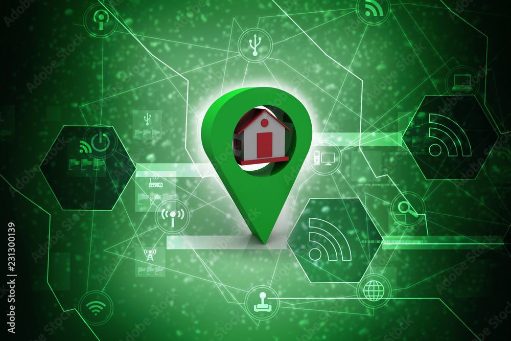 Poster 3d illustration search for property.a map with large red gps pointer containing