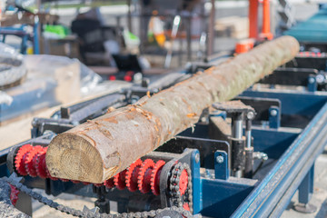 woodworking enterprise. Wood Cutting Machine. Partially milled log on a portable lumber milling machine.