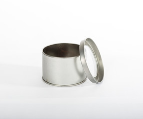 Round metal bank with glass lid opened