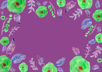Painted watercolor composition with flowers and leaves. Frame of roses. Floral border. Can be used as invitation card for wedding, birthday, other holiday, summer background, poster, banner.