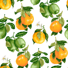 Seamless pattern with citrus fruits and flowers in vector
