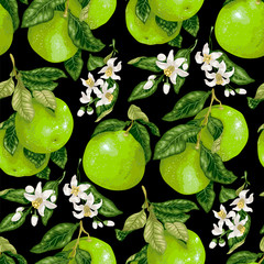 Seamless pattern with pomelo fruits, citrus fruits and flowers in vector